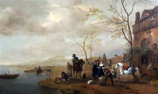 Attrib. to Pieter Wouverman (Dutch 1623-1682), River landscape with an equestrian party, oil on canvas